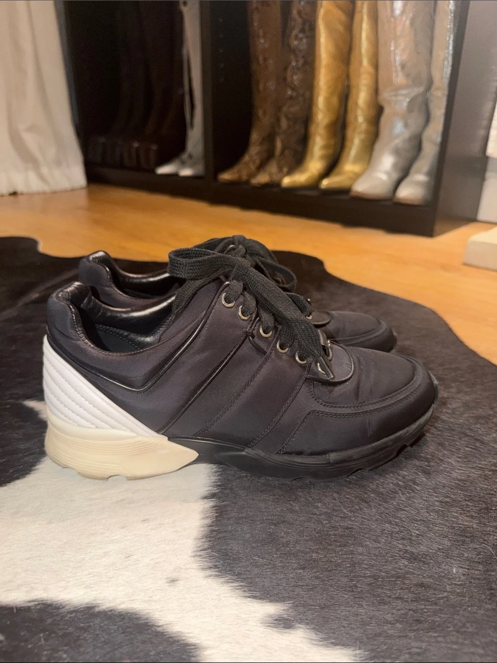 CHANEL 2017 Interlocking CC Logo Athletic Black Nylon with Leather Trim Sneakers